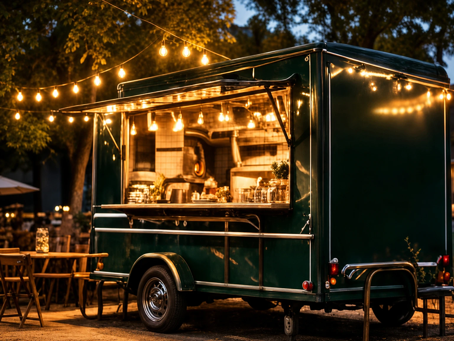 Camion pizza vert illuminé de guirlandes