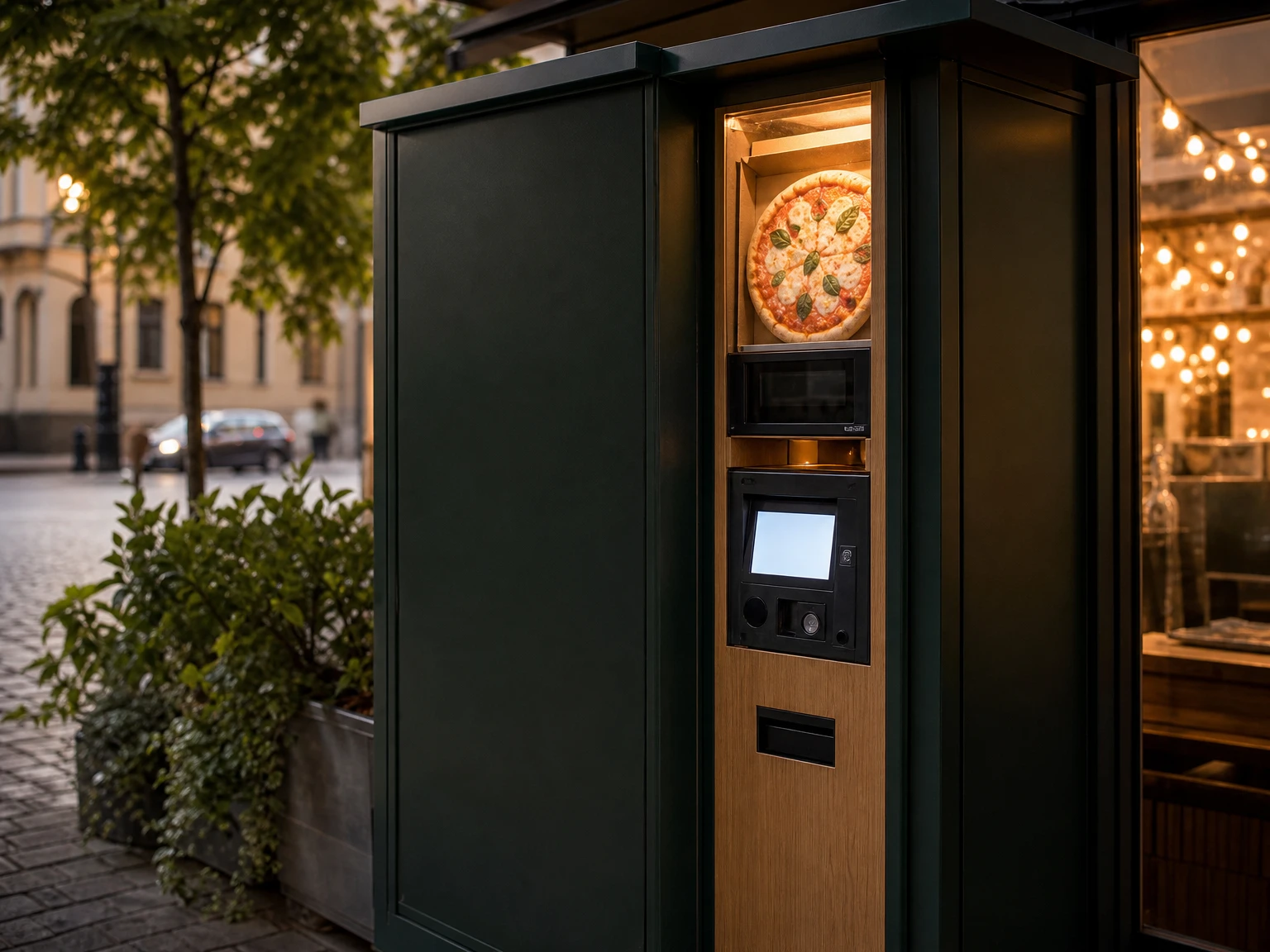 Distributeur automatique de pizzas vert foncé dans une rue, le soir