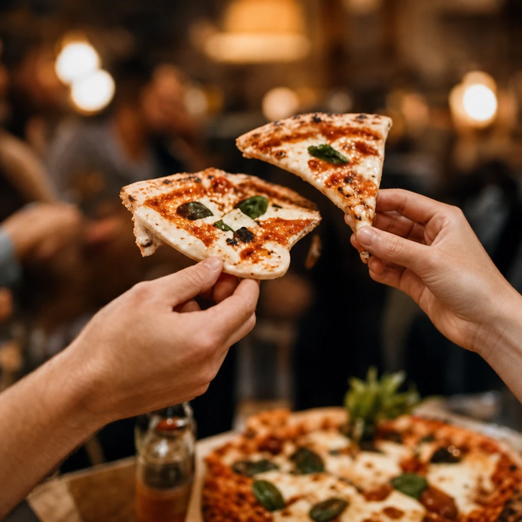 Mains qui partagent des parts de pizza