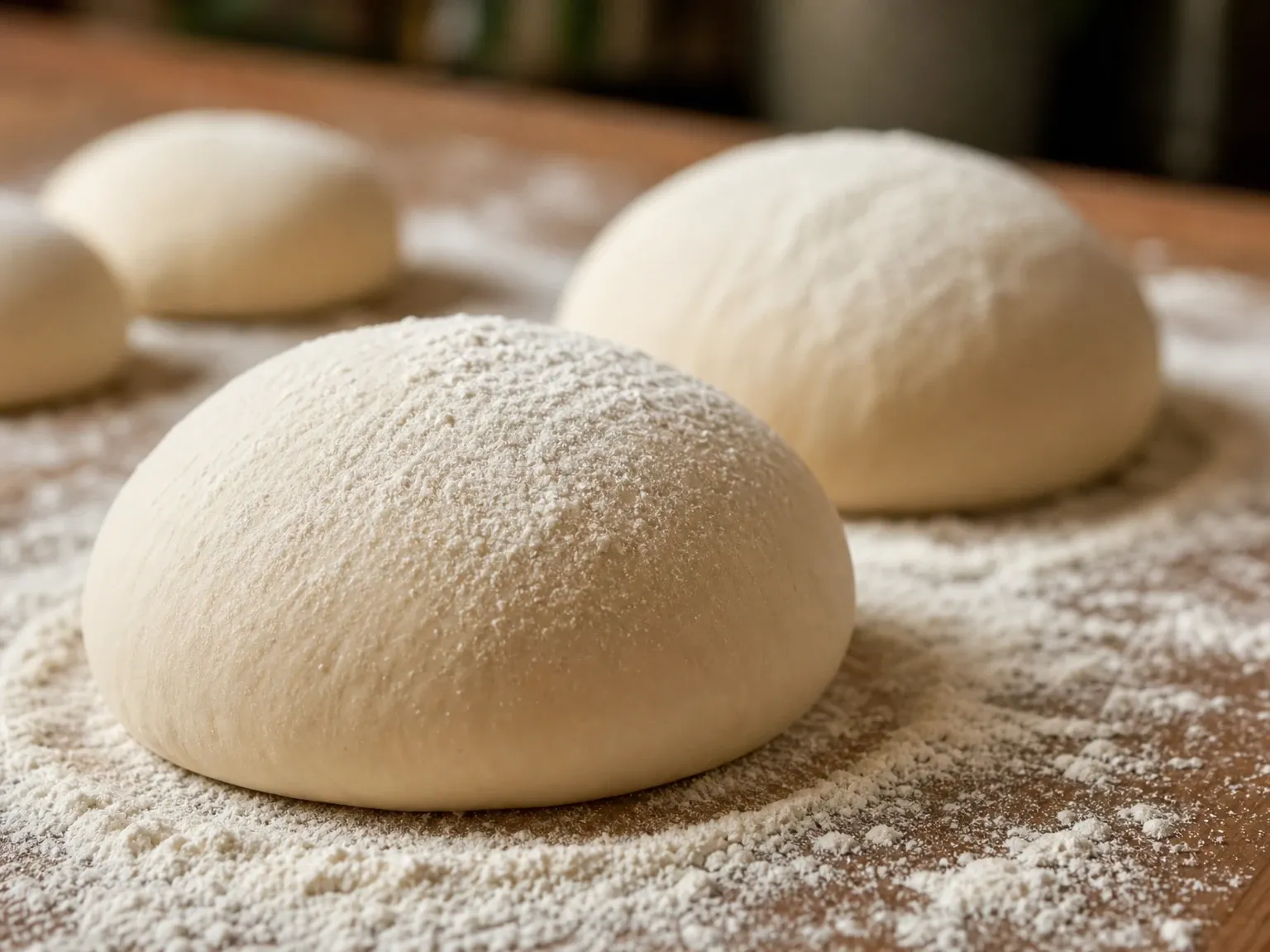 Pâtons de pizza posés sur un plan fariné