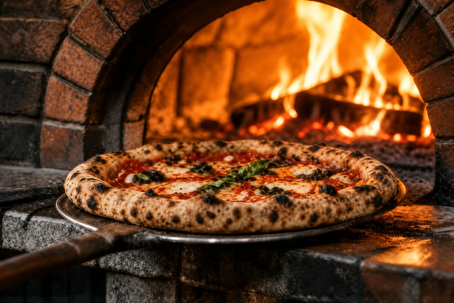Pizza devant un four à bois en flammes