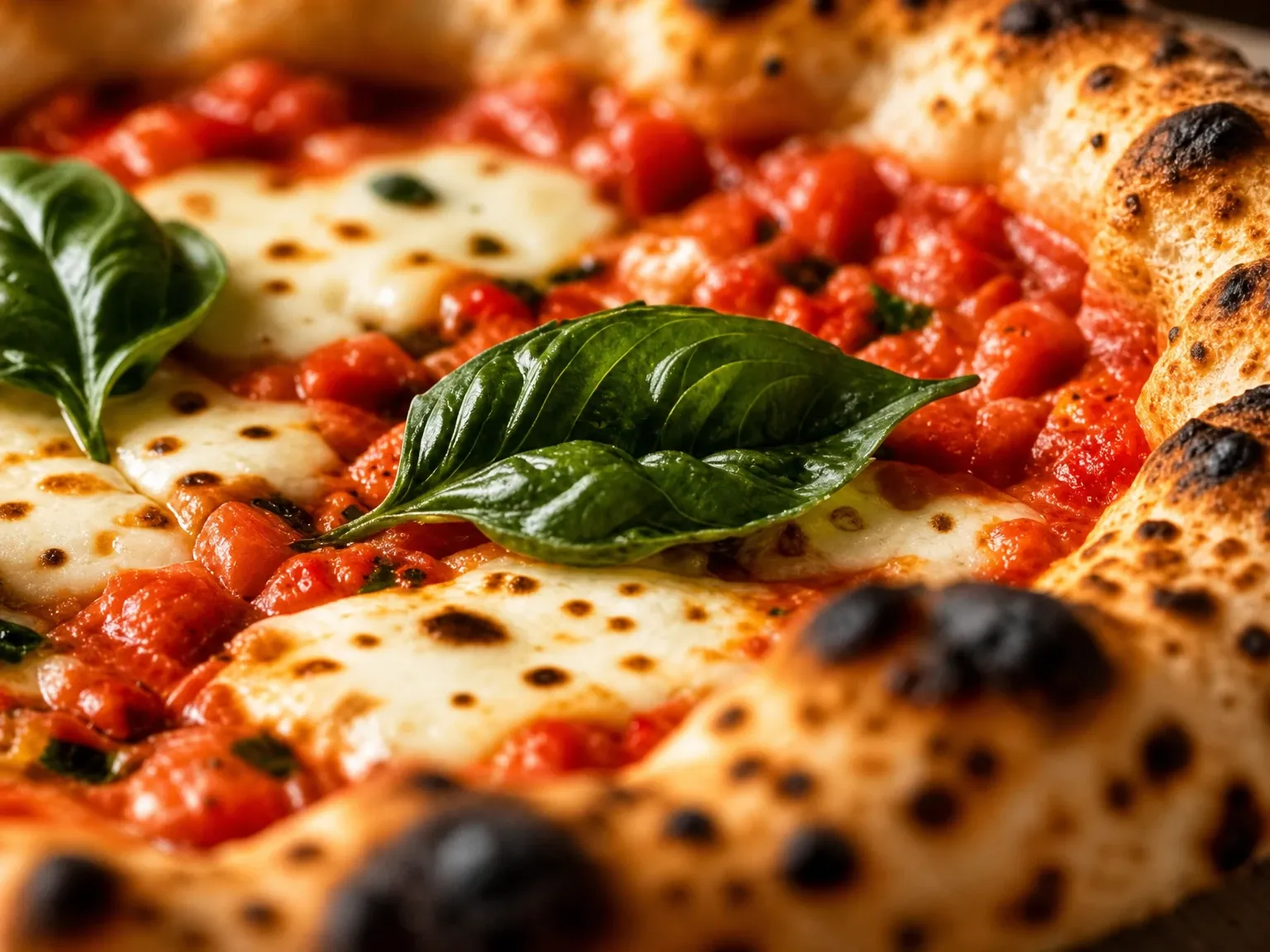 Gros plan d’une pizza napolitaine, tomates, mozzarella et basilic