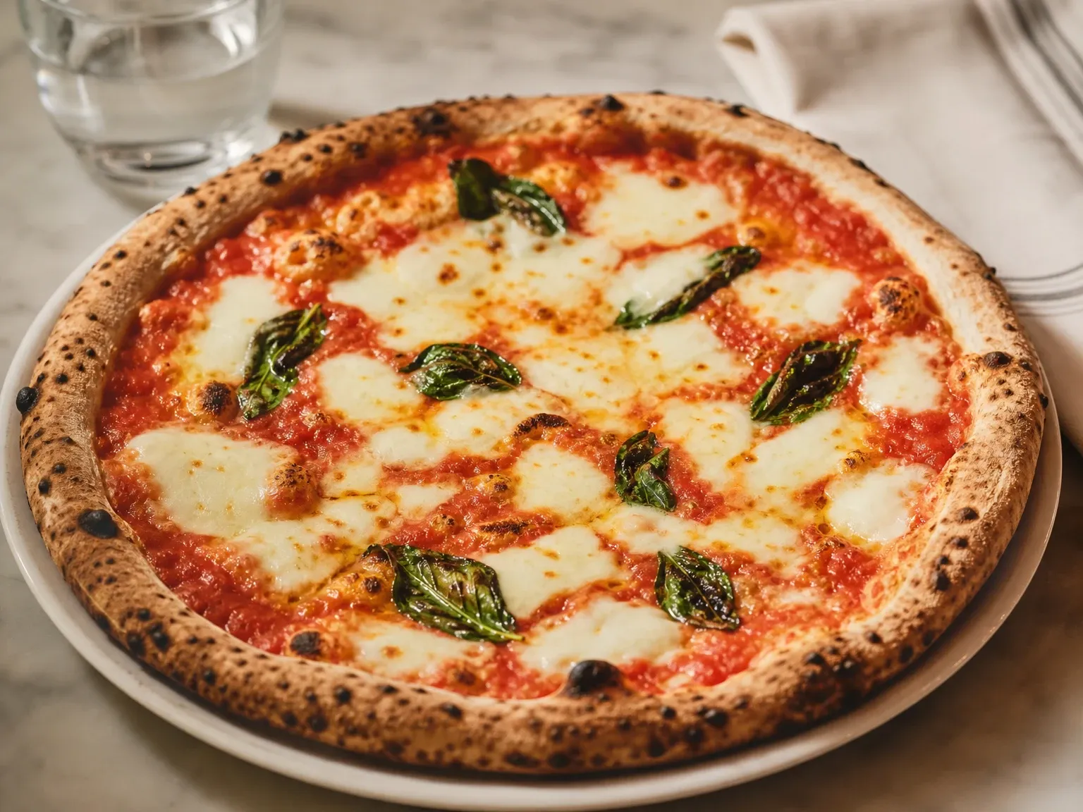 Pizza napolitaine entière sur une assiette en céramique blanche