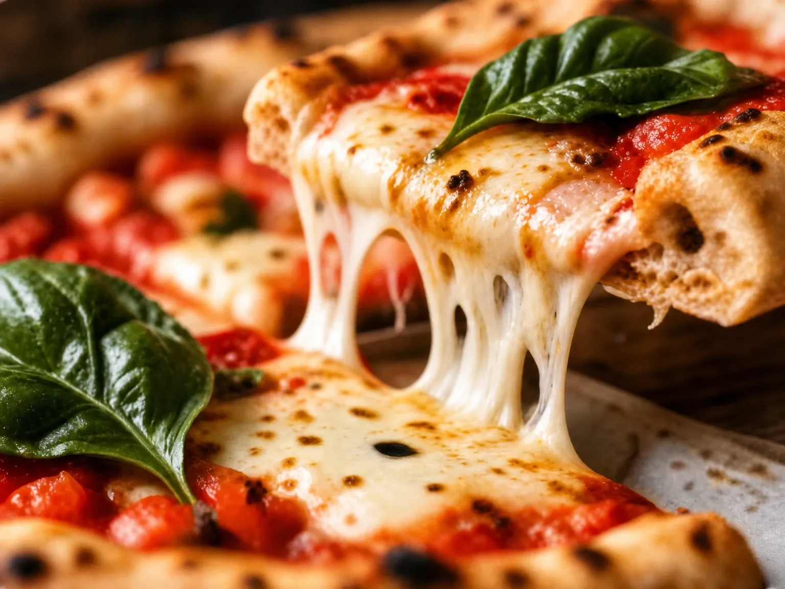 Part de pizza soulevée, mozzarella filante et feuille de basilic