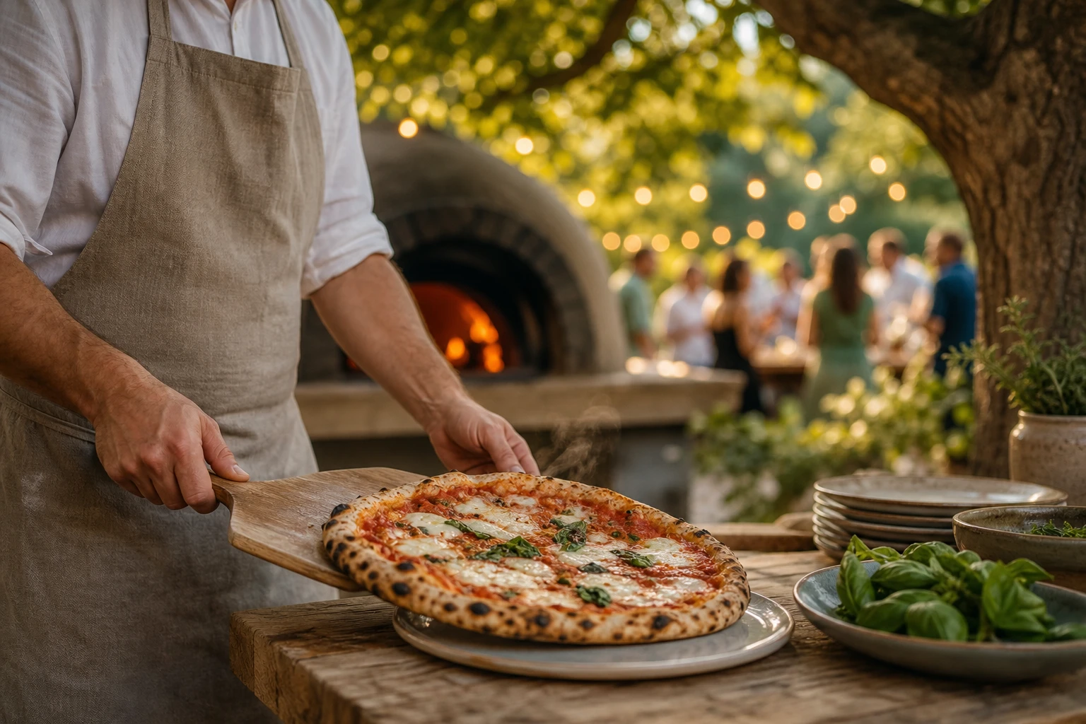 Pizzaïolo qui sert une margherita sortie d’un four à bois lors d’une fête au jardin