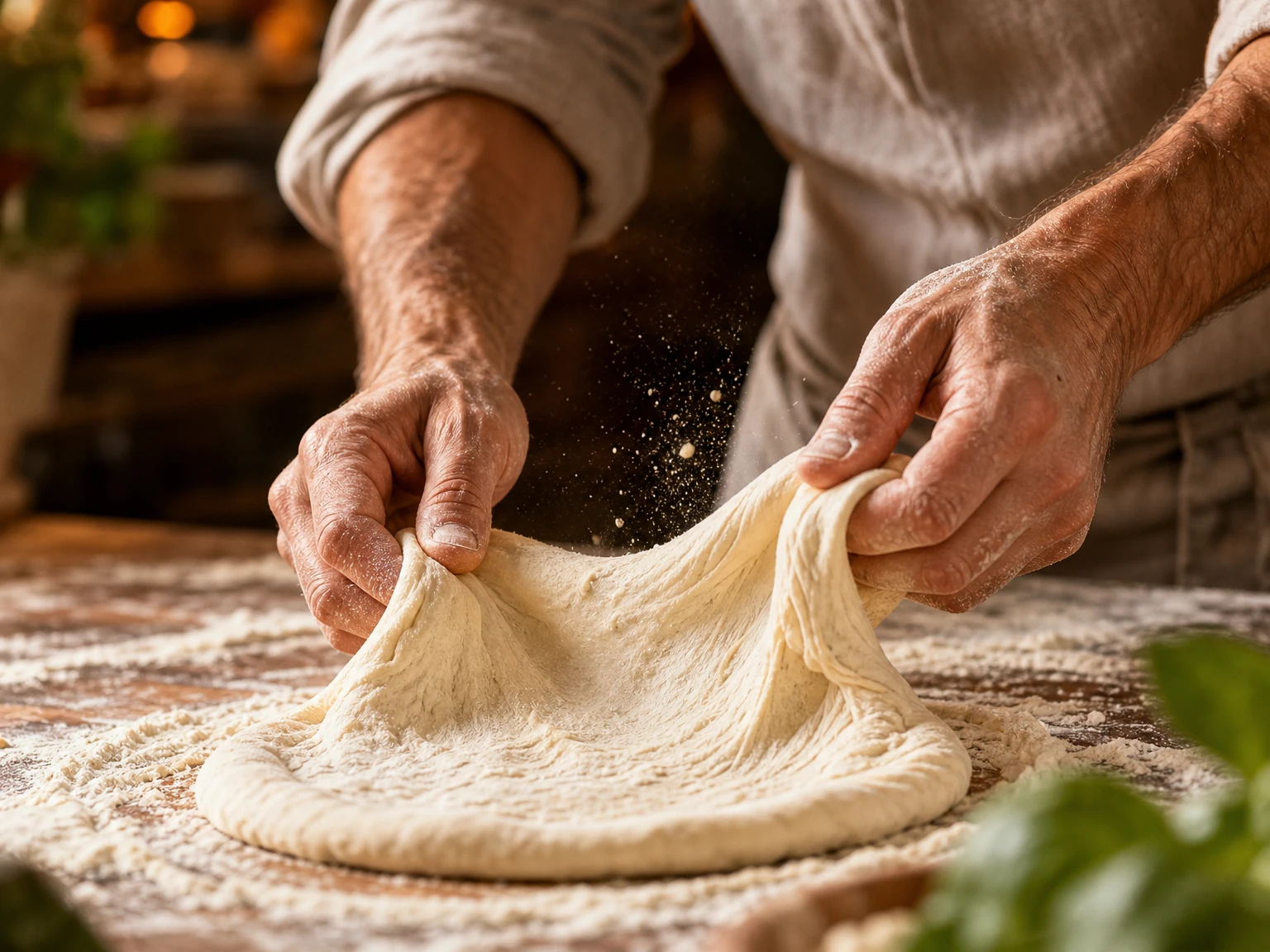Mains d’un pizzaïolo qui étirent une pâte à pizza sur un plan fariné